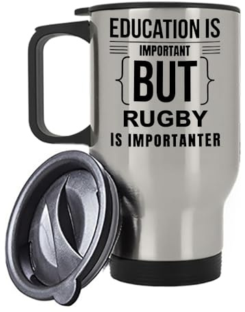 Giftme Education is Important But Rugby is Importanter, Insulated Travel Mug, Tea, Coffee Mug. (Silver)