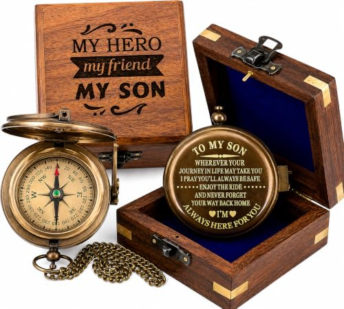 Son Gifts Mom and Dad, To My Son Compass Comes Grain Leather Case Brass Nautical - Personalisierter Sonnenuhr-Kompass, Geburtstagsgeschenke, Abschlussgeschenke