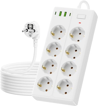 AOUOO - Ciabatta multipla con interruttore, 8 prese, con prolunga da 2 m, 3USB/3Type-c (5 V/3,1 A), max. 250 V/16 A, protezione da sovratensione 3840 W/16 A, per casa, ufficio, bianco