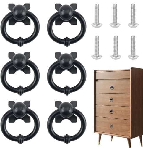 6 PCS Black Drawer Knobs Rings Vintage Cabinet Handles with Screws-1 Inch | Zinc Alloy Drawer Handles, Decorative Pull Ring for Home Wardrobe Cupboard Dresser Door Furniture Decorative