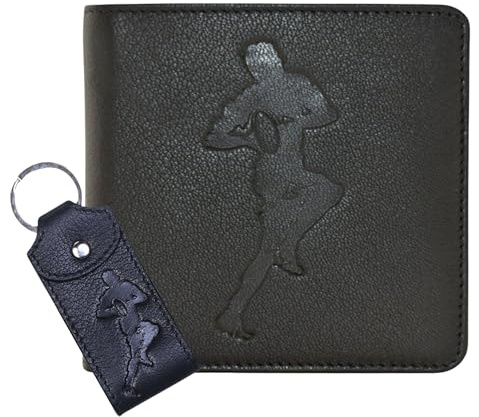 Genuine Leather Wallet & Keyring Gift Set – RFID Blocking – Football, Golf, Rugby, or Fishing Design – Gift Boxed– Perfect for Sports Lovers (Rugby)