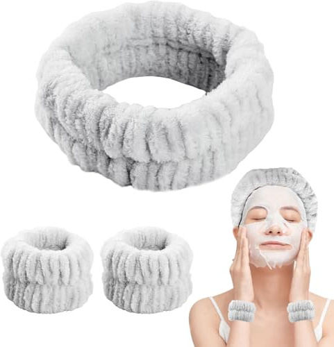Bighan Spa Stirnband Damen mit Wasch Armbänder Haarband, Waschband Frauen Gesicht, Frottiertuch Makeup Haarbänder Elastic, Elastisches Stirnband für Dusche Hautpflege Sport - Grau