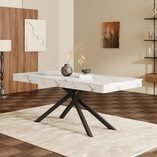 Merax Ausziehbarer Esstisch 140/180 x 80 cm, rechteckiger Tisch, Esszimmertisch mit extra starker Tischplatte, Metall-Kreuzbeine, Küche & Wohnzimmer, Weiß