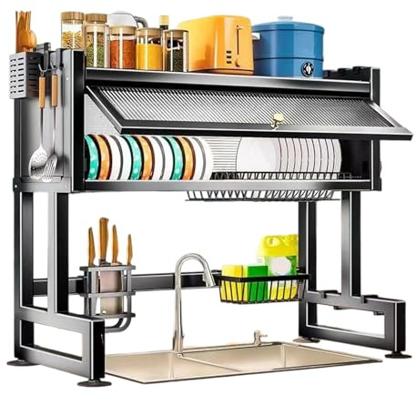 YOPOTIKA Escurreplatos para fregadero con tapa, escurridor grande sobre fregadero, organizador de cocina de metal con soportes, color negro