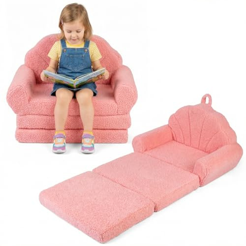 COSTWAY 2 in 1 Kindersofa ausklappbar in Muschelform, Kindercouch mit Schlaffunktion, Kindersesel gepolstert mit abnehmbarem Bezug, Spielsofa Kinderzimmer für Jungen & Mädchen ab 3 Jahren (Rosa)