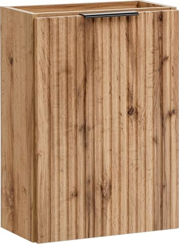 WFL GROUP Waschbeckenunterschrank 40 cm Wandhängend mit Rillenfronten – Soft-Close Tür und 3 Griffsets in Gold, Chrom & Schwarz – Geriffelter Waschtischunterschrank in Eiche Braun