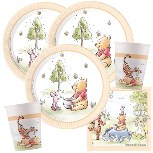 Juego de 36 platos de papel, vasos y servilletas de papel para cumpleaños infantiles, diseño de Winnie the Pooh