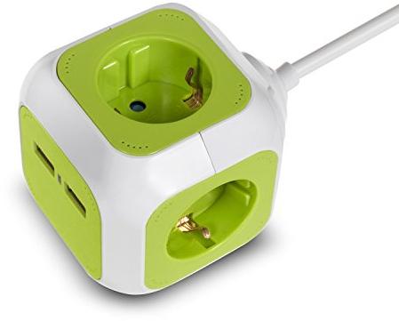 Green Blue GB118G MagicCube 4-Fach Steckdosenwürfel mit 2 USB-Anschlüssen Ladegerät Mehrfachsteckdose mit Kinderschutz 1,4m (1)