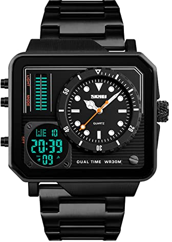SKMEI Herren Digital Sportuhr LED Quadratisch Großes Gesicht Analog Quarz Armbanduhr mit Multi-Time Zone Wasserdicht Stoppuhr, Stahl schwarz, 2*1.89*0.55 inch, Classic