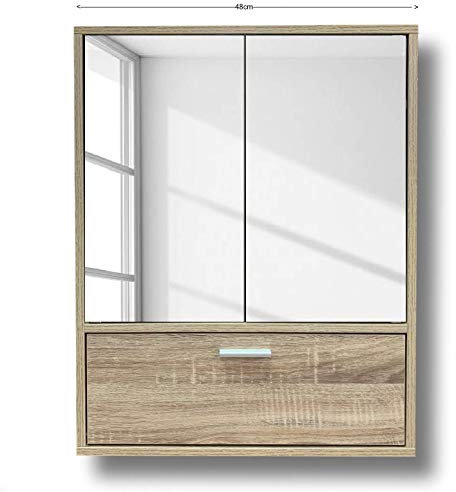 Cflagrant® Armoire Murale de Toilette ou Salle de Bain, 2 Portes Miroirs et Une Porte Couleur Chêne Dim: l48 x L60 x P14.5cm