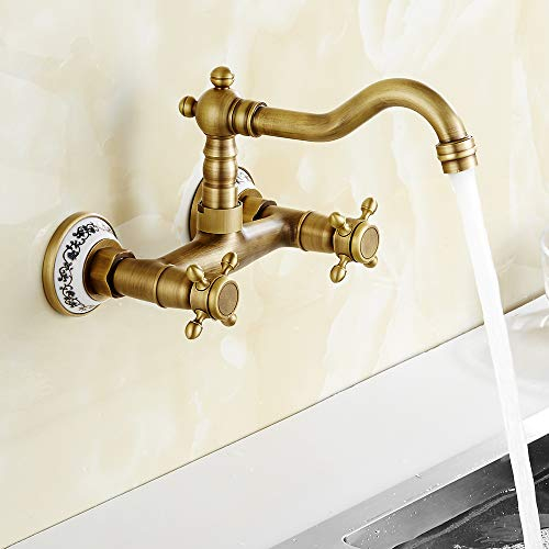 Bronze Wandarmatur, antik, klassisch, für die Küche, um 360 ° drehbar, mit feiner Blumenkeramik