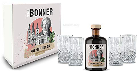 The Bonner Geschenkset - The Bonner Gin 0,5L (41% Vol) + 4x Longdrink Glas in Kristall Optik - [Enthält Sulfite]