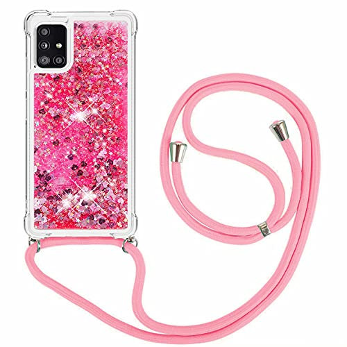 FMPCUON Coque Samsung Galaxy A51 5G Glitter Liquide Collier pour Téléphone Portable avec Cordon - Lanyard Paillettes Flowing Sand Silicone Gel TPU Housse avec Smartphone Collier Étui, Or Rose