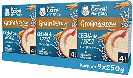 GERBER Crema de Arroz, Papilla de Cereales Sin Gluten para Bebés, Paquetes 9x250g, a partir de 4 meses