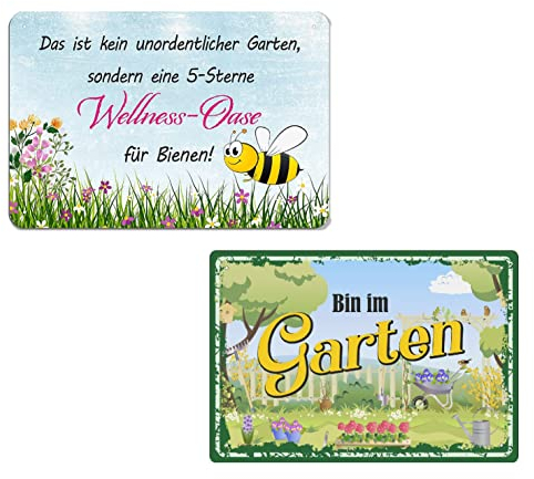 2er Set Blechschilder Garten 20x30cm - Metallschild mit Lustig Spruch - das ist kein unordentlicher garten - Bin im Garten - Vintage Deko Geschenk - Wetterfest Schild