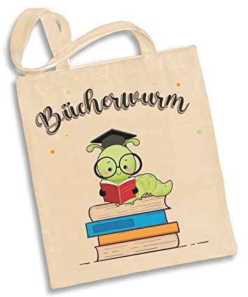 Tassenbrennerei Baumwolltasche mit Spruch Bücherwurm - Büchertasche, Einkaufstasche lustig - Geschenk für Leseratten