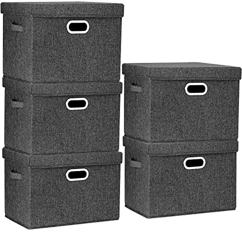 TYEERS Large Storage Box with Lid, Collapsible, Washable, Fabric Storage Box for Clothes, Wardrobe Storage, 44x30x29 cm, Set of 5, Black