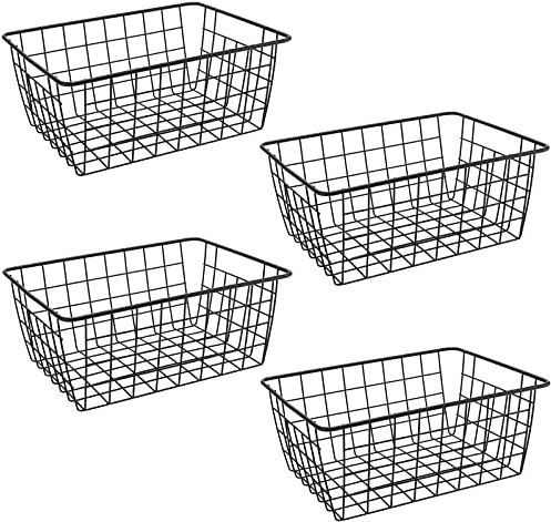 MUKLEI 4 Pack Black Wire Storage Baskets, 28 x 22 x 12cm Metal Wire Storage Baskets, Wire Organizer Bins, Pantry Storage Basket for Bathroom, Fridge, Office, Freezer, Cabinet, Shelf