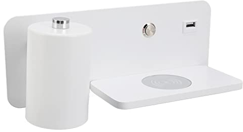 Fockety LED Wall Sconce With 5V USB Charging Port and Wireless Charger - Rotatable Warm Light Lamp for Bedroom, Living Room, Hotel (White Left)