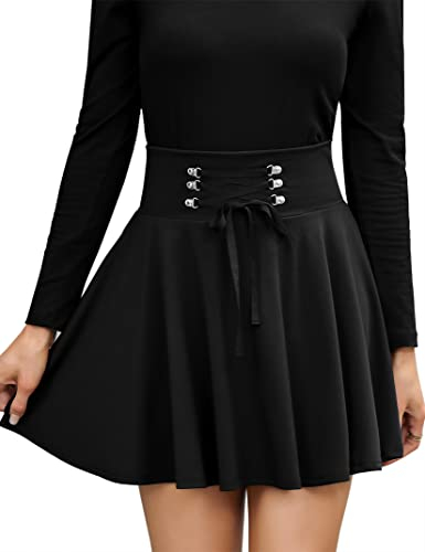 KOJOOIN Damen Rock Kariert Mini-Faltenrock Gothic Kleid Hohe Taille Cosplay Kleid A-Linie zum Schnüren Schwarz 2 XXL