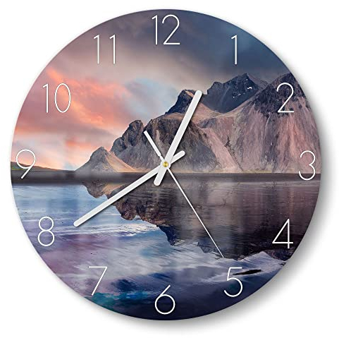 DEQORI Glasuhr | rund Ø 30 cm | Motiv Dramatisches Vestrahorn | ausgefallene leise Design Uhr aus Glas | Wanduhr für Wohnzimmer & Küche | Moderne Hingucker Uhr für die Wand
