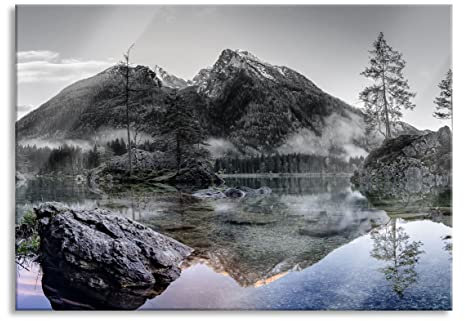 Pixxprint Glasbild, Wandbild aus Echtglas, Sonnenaufgang am Hintersee, 60x40 cm, inkl. Aufhängung und Abstandshalter