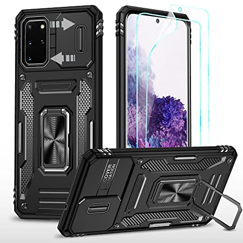 YmhxcY Hülle Für Samsung Galaxy S20 Hülle,*2 Displayschutzfolie,Slide Camera Cover, Militär Grade Schutzhülle, 360°Drehen Metallständer,Für Samsung Galaxy S20 Hülle-Schwarz