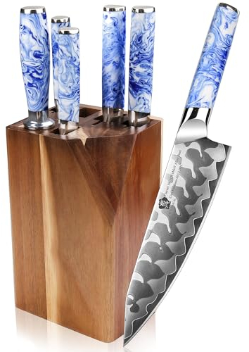 WILDMOK Messerset mit Block, 7-teilig, blau-weißes Porzellanmuster, Harzgriff Küchenmesser einschließlich Chef-, Brot-, Santoku-, Nutz- und Obstmesserset mit Messerblock und Schärfer