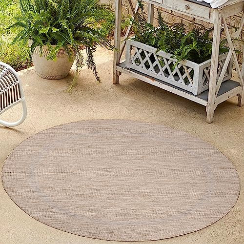 HomebyHome Waschbarer In & Outdoor Teppich Wetterfest 120 cm Rund Beige - Balkon Teppich Wasserfest - Teppich Küche 120 cm Rund Bordüre Design Camping Garten Terasse