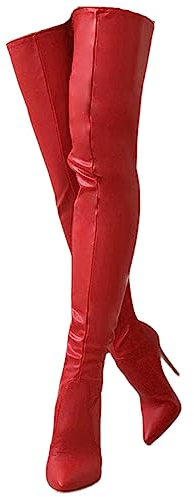 CRETUAO Stivali Donna con Tacco Alto sopra Il Ginocchio,Stivale Lungo con Cerniera Posteriore a Spillo Sexy con Punta,Moda Stretch Plus Size Stivali Tacco Alto alla Coscia,Rosso,43 EU