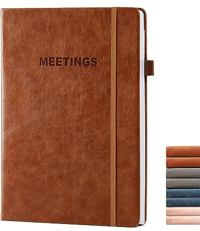 CalenDream Meeting-Notizbuch für Arbeitsorganisation, Arbeitsplaner, Notizbuch mit Aktionsartikeln, veganes Leder, 200 Seiten (17,8 x 25,4 cm), Projektplaner für Männer und Frauen, Braun