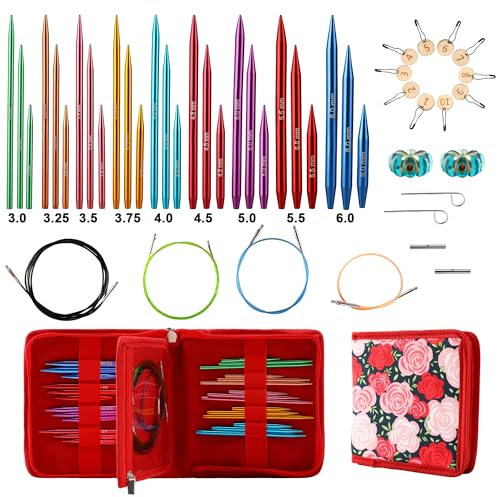 JOZEA Auswechselbares Rundstricknadelset mit Etui und Zubehör für arthritische Hände, Rund-Aluminium-Set für Strickbegeisterte