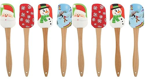 DOITOOL Creme Set Weihnachtsspatel Set aus Silikon Küche 8 Stück mit Holzgriff zum Kochen und Weihnachtsgeschenke Kuchenspatel