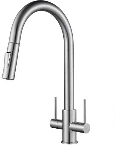Kitchen Tap with Pull Out Sprayer Brushed Nickel Dual Lever Kitchen Sink Mixer Tap Swan Neck One Hole Monobloc Faucet