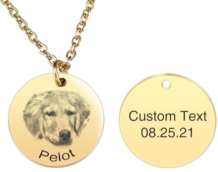 INBLUE Personalisierte Haustier Porträt Halskette für Frauen Edelstahl Rund/Herz Scheibe Gravur mit Bild Name Angepasst Haustier Verlust Gedenk Geschenke für Haustier Liebhaber A1 - Gold