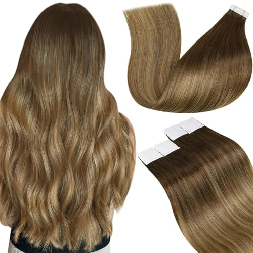 LaaVoo Tape in Extensions Echthaar Braun Balayage Echthaar Tape Extensions Mittel Braun Ombre Hellbraun und Dunkelblond Glatt Extensions Echthaar Tape Glatt 35cm 20PCS 50g #6/8/14