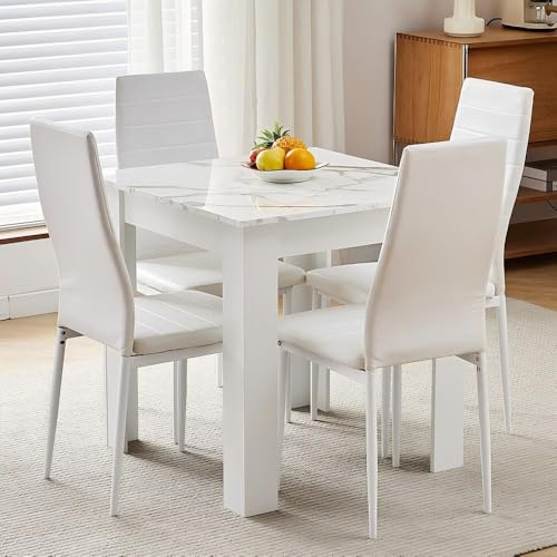 75x75 cm Small Dining Table and 4 Chairs, 4 Seater Table and Chairs Set Kitchen Dining Room Set for 4, Compact, Space Saving, Wooden, Glossing Marble-White (4 Seats, White Eggshell Faux Leather Line)