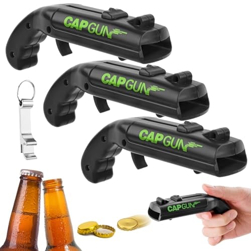 WuGU 3PCS Abrebotellas, Abridor de Cerveza Divertidos, Abridor de Cerveza Botellas Cap Gun con Pistola para Fiestas en Casa, Barbacoa al Aire Libre, Juego Creativo, Regalo Divertido (Negro)