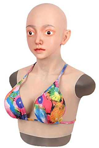 Oppaionaho Crossdressing weibliche Maske mit Silikon-Brustplatte, gefälschte D-Cup-Brust, Drag Queen Cosplay (#03,Cotton Filler)
