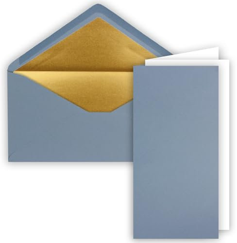 10x Faltkarten-Set DIN Lang inkl. Briefumschlägen mit goldenem Seidenfutter und weißen Einlegeblättern in Graublau (Blau) - 10,5 x 21 cm - für Einladungen und Grußkarten