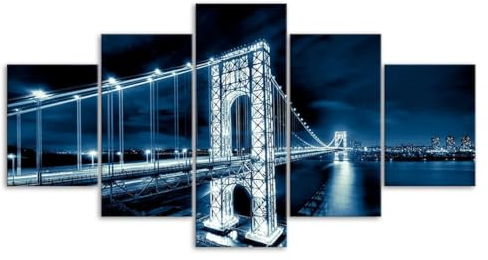 Leinwand Bilder 5 Teilig Washington Bridge Beleuchtete Lichtspuren Wandbilder Wohnzimmer Modern Bilder, Poster, Kunstdrucke Büro Flur Bad Küchebilder -Ungerahmt