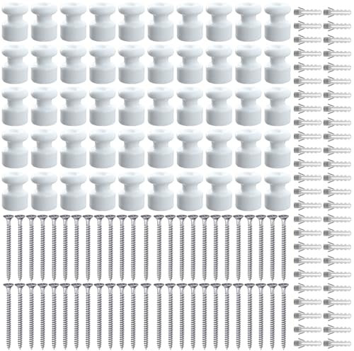 OASHISU 50 Stück Vintage Isolatoren aus Porzellan für Textilkabel Porzellanisolatoren Aufputz Kabelhalter Kabelführung Wandpins Wand und Deckenpins weiß Ø18mm Keramik-Isolatoren, Isolatoren Keramik