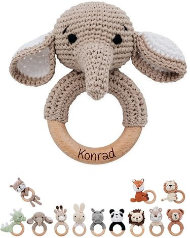 wunderwunsch® - Personalisierter Beißring Baby - Niedlicher Greifling für Baby's ab 0 Monate - Babyrassel mit Name als Baby Geschenk für Mädchen und Jungen (Elefant,mit Name)