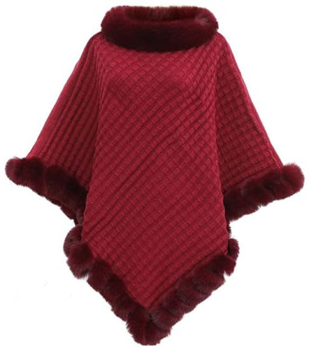 NLAND Poncho de Punto para Mujer Capa Invierno Térmica con Piel Sintética Cálido Elegante Chal con Cuello Redondo(Burdeos)