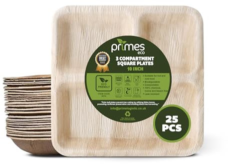 PRIMES ECO 10 x 10 Inch Areca Leaf Square Plates, Heavy Duty Biodegradable 3 Compartment Plates, Eco Friendly & Biodegradable Heavy-Duty, Microwave & Oven Safe, Party & Picnic (25 PCS)