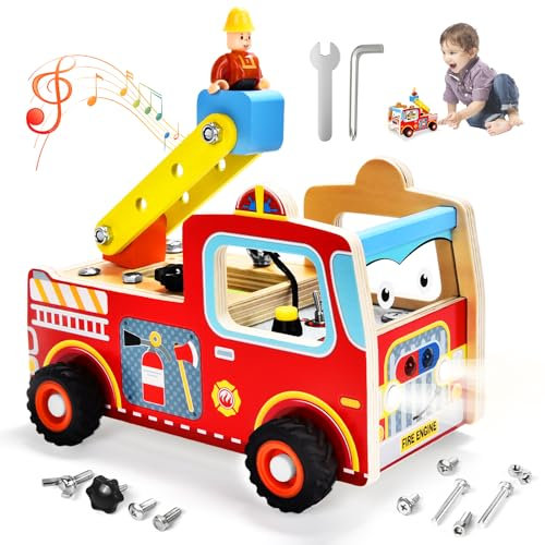 BuzzoXerex Montessori Schraubendreherbrett, Montessori Busy Board Holz, Activity Board Holzspielzeug, Holz Feuerwehrauto mit Licht und Sound, Motorikspielzeug Lernspielzeug für Babys ab 1 2 3 Jahre