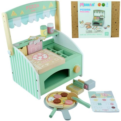 MERKAN, Pizza-Backset, für Kinder, Holz Pizzaöfen, Pizzastücke, versch. Zutatenpflaster, Pizzamesser, bewegliches Pizzamesser Holz, Terminal und Karte