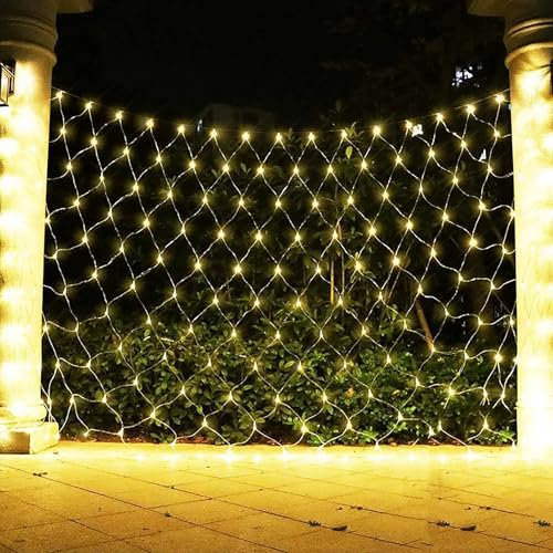 DINOWIN Lichternetz Außen Batteriebetrieben 2x3M 192LED Garden Net Lichter 8 Modi Dekoration Beleuchtung Wasserdicht Netz Lichtervorhang für Halloween Weihnachten Hochzeit Party (Warmweiß)