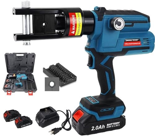 AMZCNC Pinza crimpatrice idraulica ricaricabile, portatile, batterie al litio da 18 V, 2 pezzi, 11 timbri (16 – 300 mm²,), pinza crimpatrice