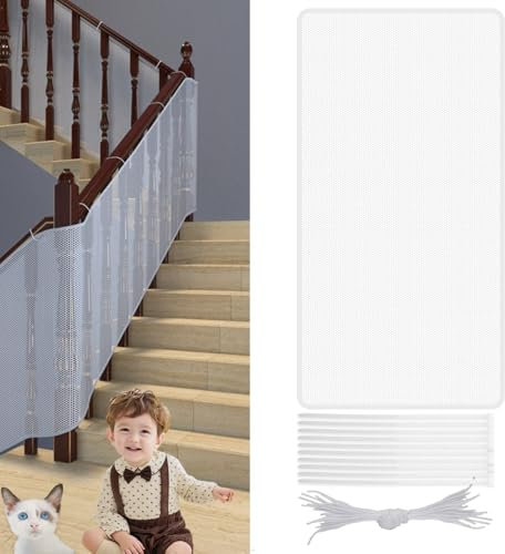 Child Safety Net - 200×78cm Stairs Protective Netting, Sturdy Stairway Railing Fence Mesh, Patios Safe Rail Net with Buckle Nylon Rope, Balcony Safety Protection Net for Baby Child Kids Pet Toy, White